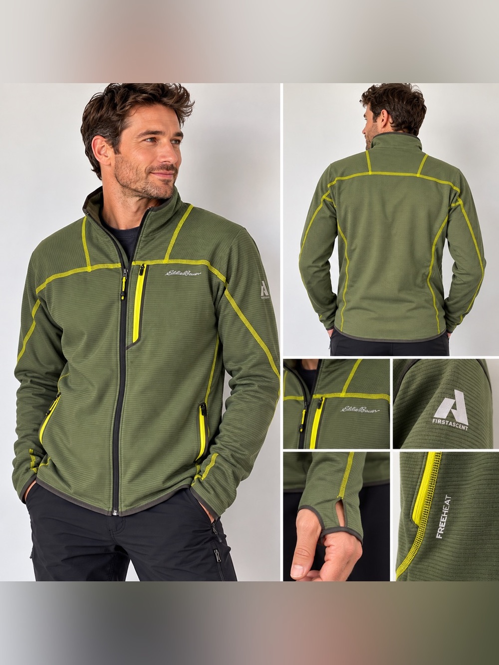 Eddie Bauer First Ascent FreeHeat Fleece Jacket Olive Green Lime Trim large tall